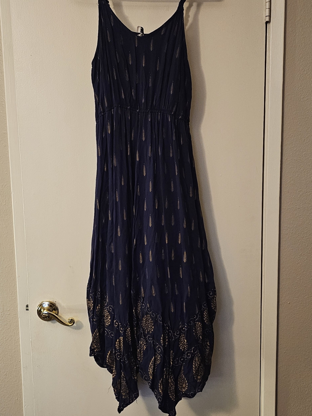 Lapogee Navy Blue Gold Print Lined Maxi Dress Boho Sundress Medium